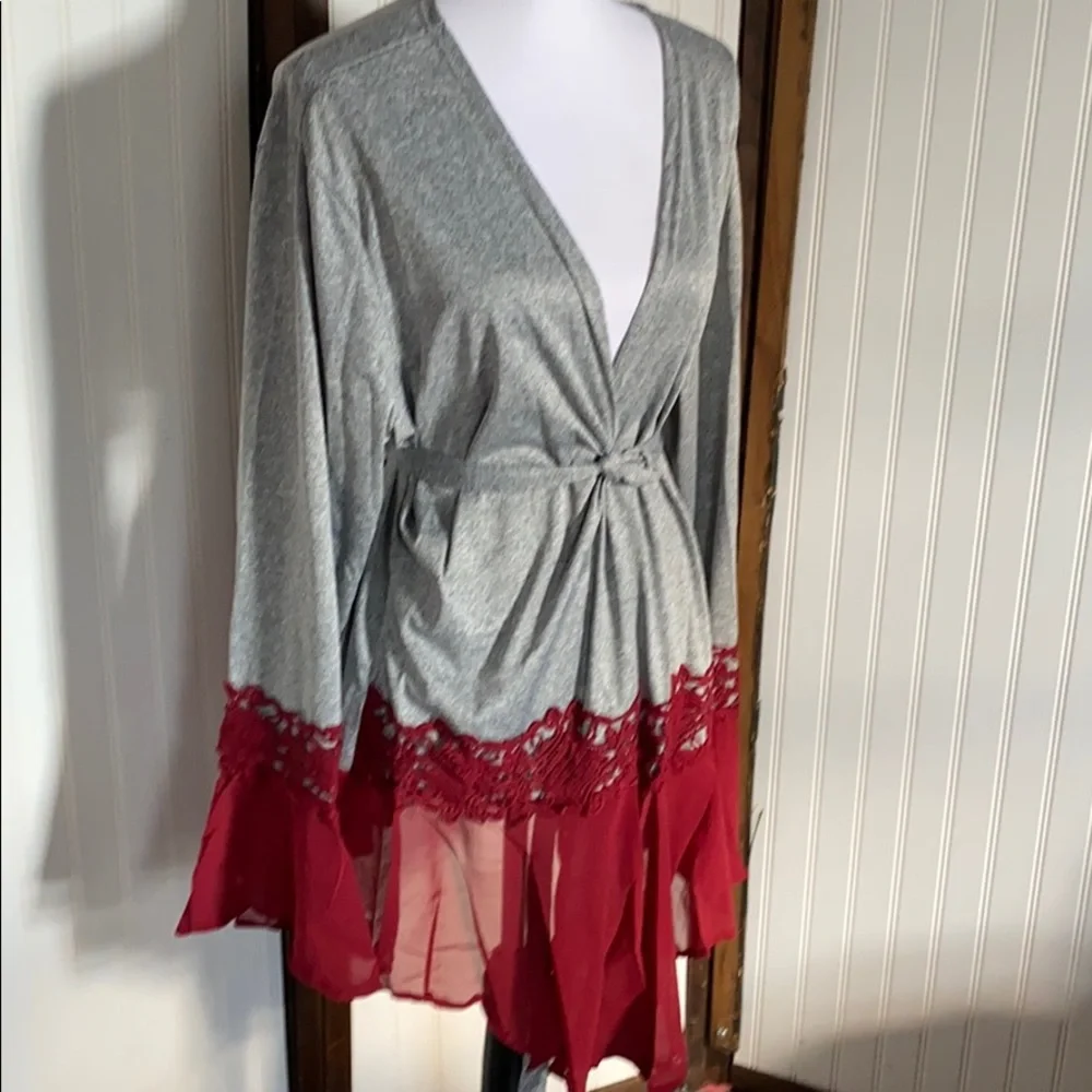 Silky sexy gray and red lace Kimono robe tie waist bell batwing sleeves s m l - Picture 2 of 9